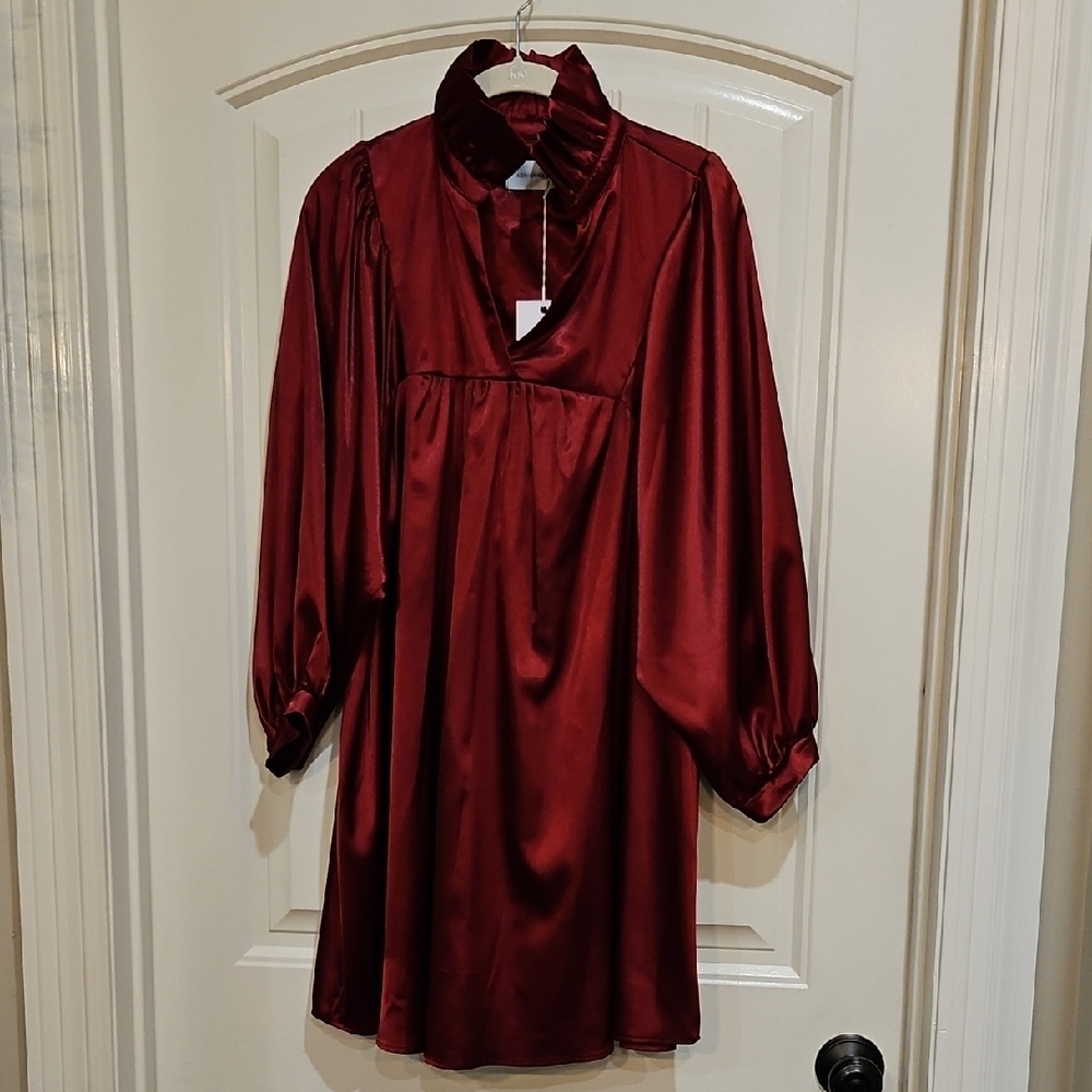 Adrienne Red Satin Ruffled Collar Blouse
